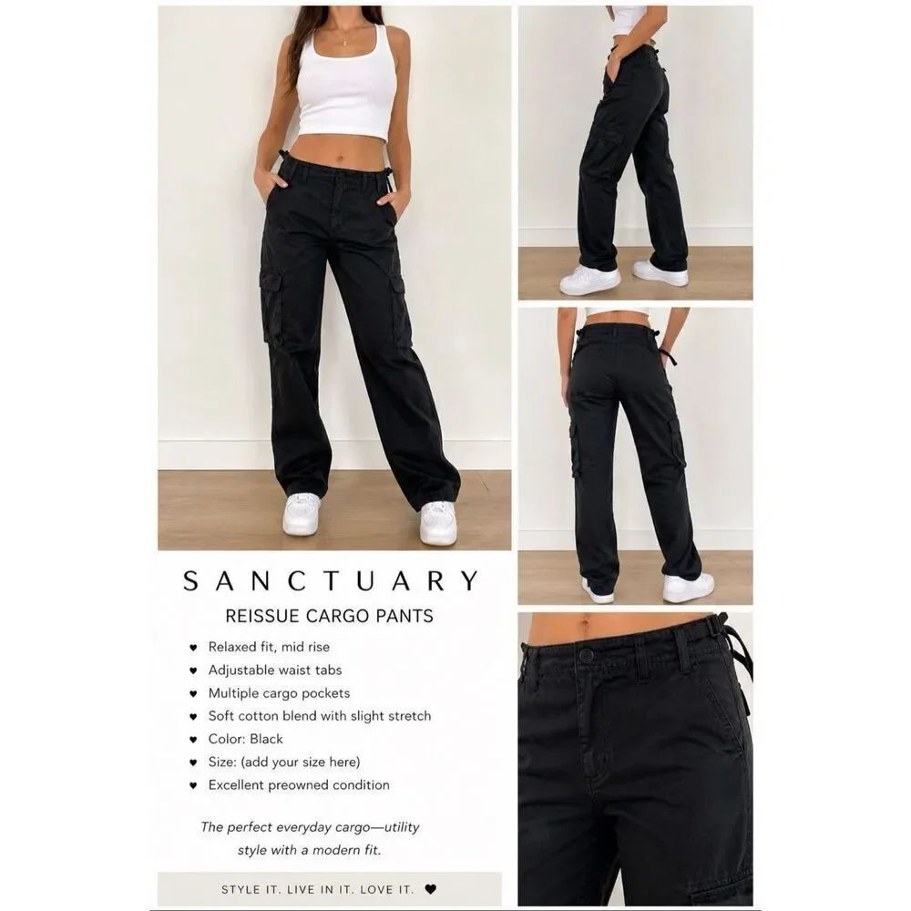 Sanctuary Reissue Cargo Pants Black Utility Military Mid Rise Relaxed Fit SZ XL